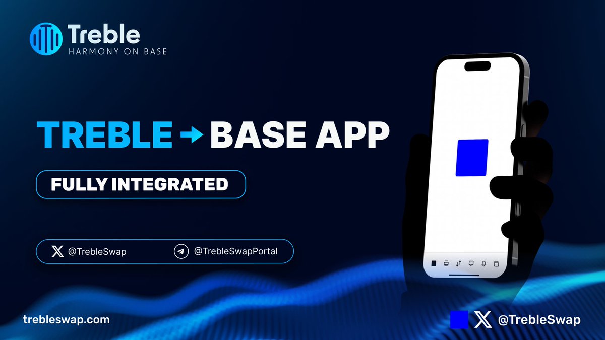 TrebleSwap's tweet photo. 🆕 Treble is now fully integrated into @baseapp

Treble’s V4 DEX and DeFi Hub can now be searched and accessed directly through the app.

No extra tabs. No friction. Just seamless onchain trading. https://t.co/PXweiwXgOH