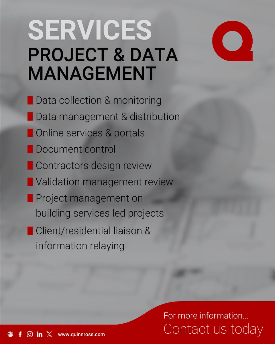 QuinnRoss's tweet image. Keep your projects on track with QuinnRoss’s Project & Data Management Services.
Get in touch to see how we can support your projects with precise, reliable, and fully managed processes.
#ProjectManagement #BuildingServices #DataManagement #ConstructionEfficiency #ClientLiaison