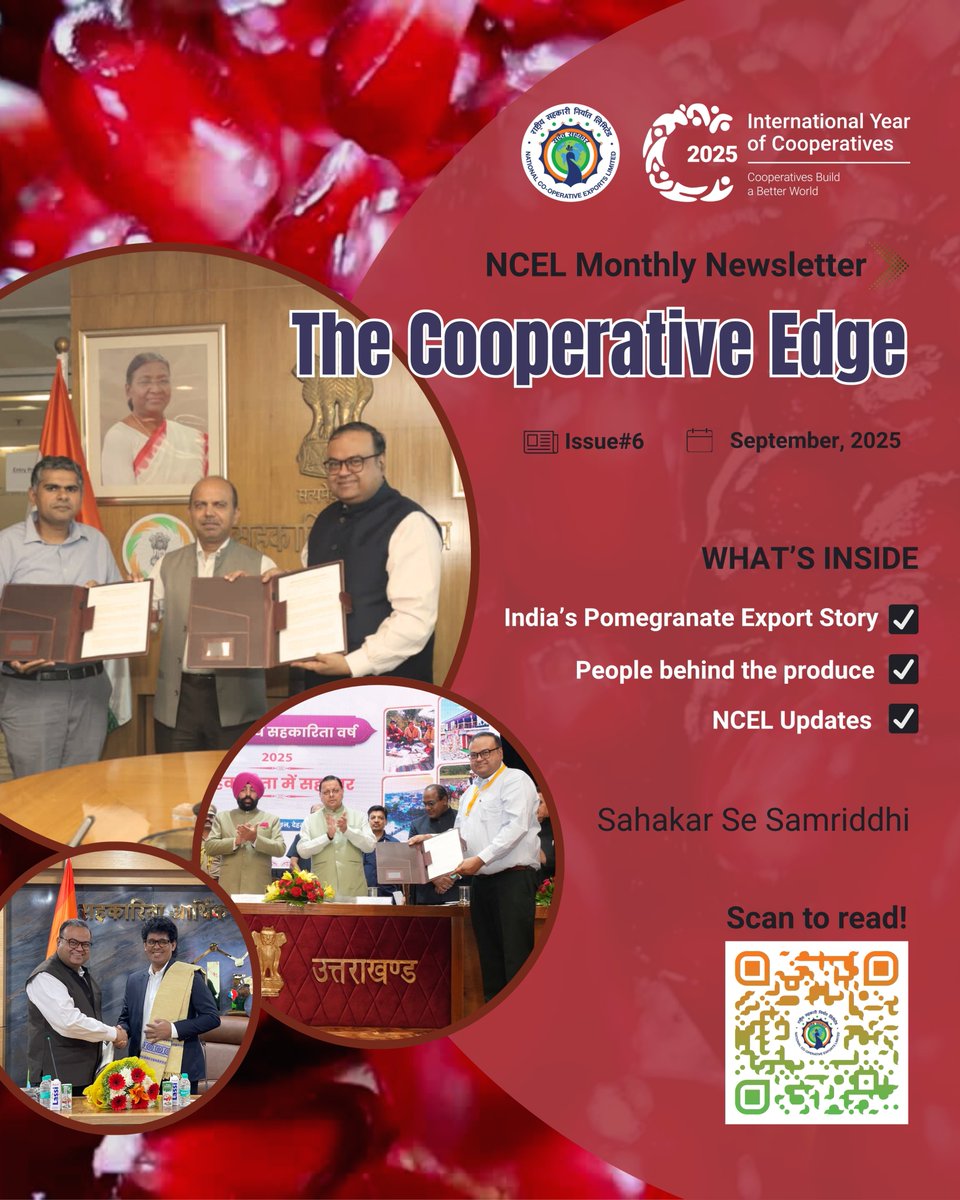 ncel_coop's tweet image. 📬 Issue 6 of NCEL’s Monthly Newsletter is Out Now! 🌍
Your gateway to the latest in cooperative exports, strategic insights, and grassroots success stories.

🔍 Inside this issue: 
 ✅ In-depth pomegranate export trends
 ✅ Inspiring journeys from India’s cooperators
 ✅ Key…