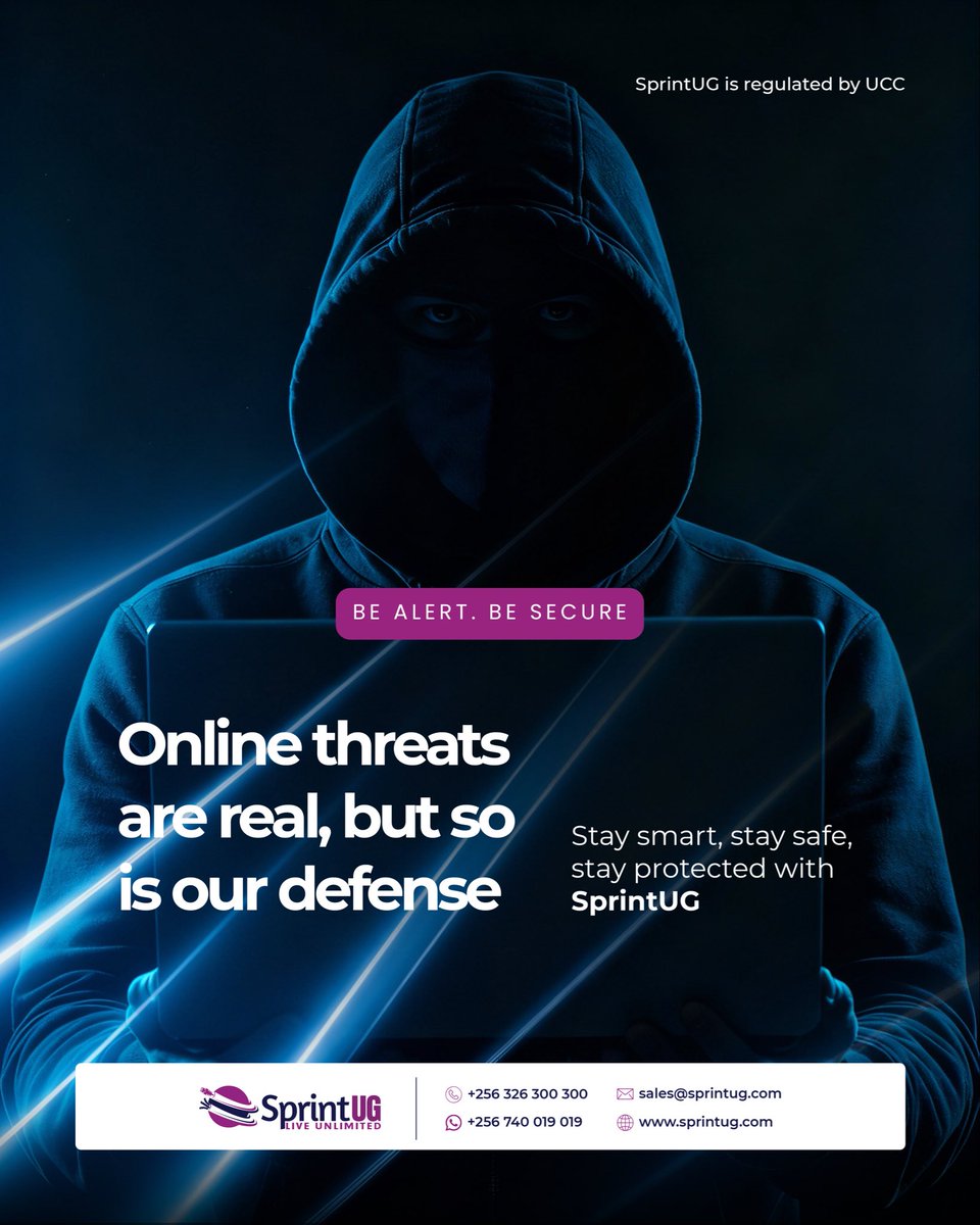 SprintUg's tweet image. Online threats are real, but so is our defense. 

At SprintUG, we keep your connection fast, smart, and secure. 

Stay alert. Stay protected. #CyberSecurityMonth #SprintUg #LiveUnlimited