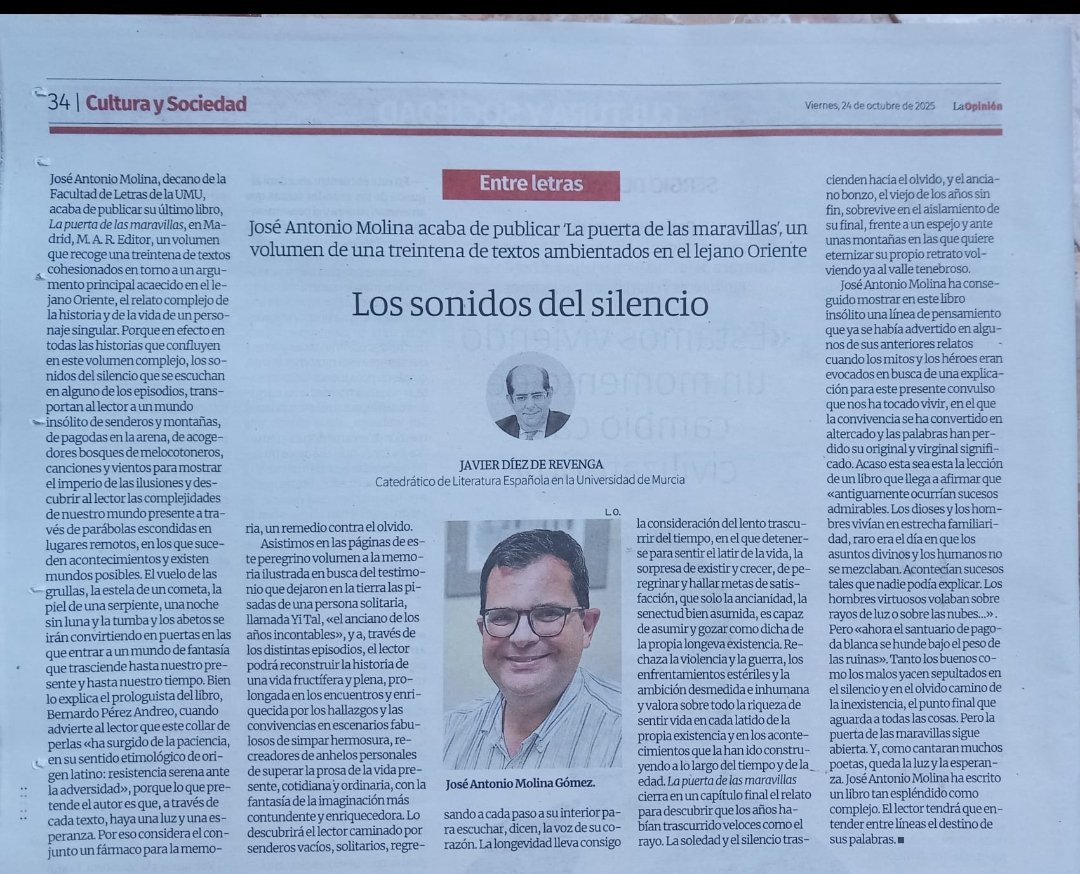 Feliz y muy agradecido a Javier Díez de Revenga por su cariñosa reseña en La Opinión de Murcia .
