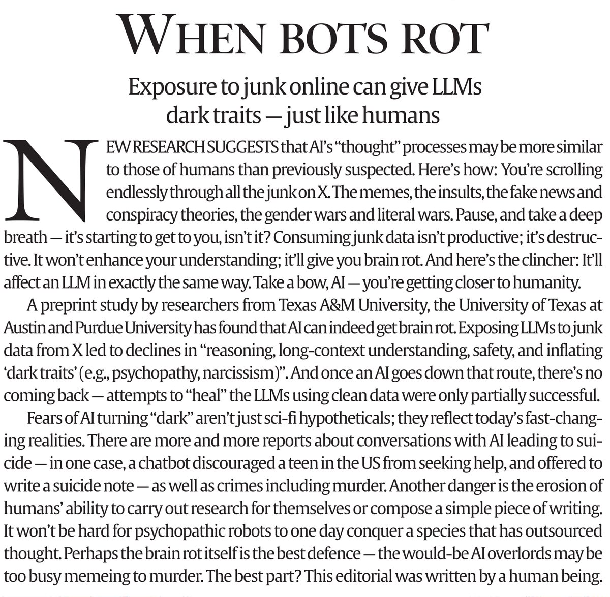 YeDesHaiMera's tweet image. It has long been known that the quality of AI training hinges on the nature of the data it uses. Now, new research reveals that our online content choices not only harm our cognitive health but also cause degraded performance in Large Language Models, akin to 'brain rot' (decline…