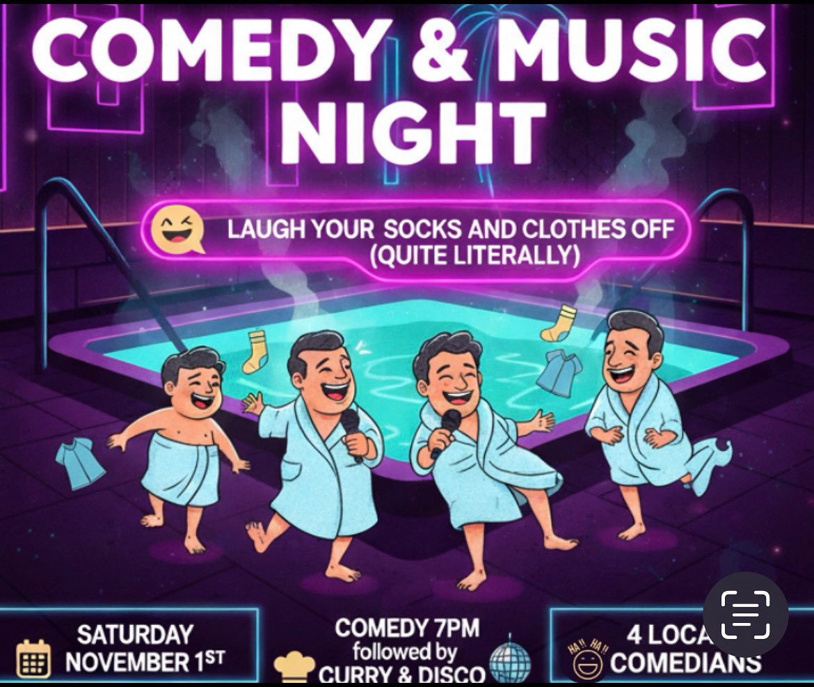 🎤😂 Comedy &amp; Music Night!
Laugh your socks (and clothes!) off with 4 hilarious local comedians!
🍛 Comedy 7PM → followed by Curry &amp; Disco 💃
📅 Saturday, Nov 1st
🎟 Book online now — don’t miss the funniest night of the year!
#ComedyNight #LiveLaughDance #LocalComedians #Curry