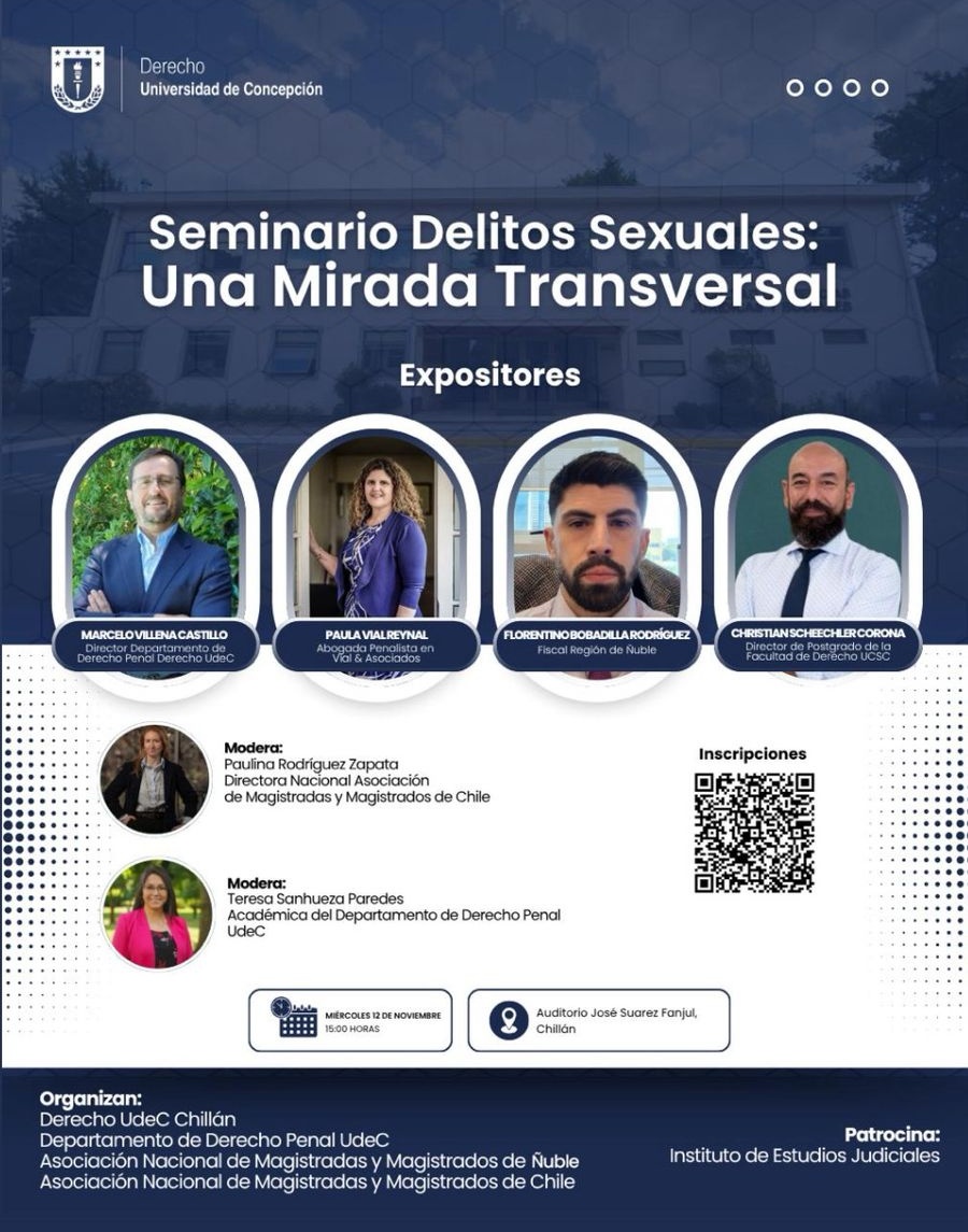 Invitamos a participar en el seminario “Delitos sexuales: una mirada transversal”, organizado por la <a href="/juridicysocudec/">Juridicas y Sociales UdeC</a> junto a nuestra Asociación.

🗓 12 de noviembre, 15:00 hrs
📍 Chillán