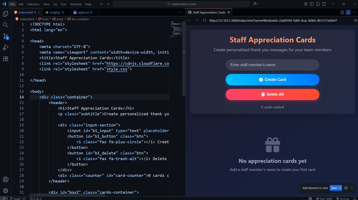 Mannash4998's tweet image. 🚀Day 17 of #100DaysOfCode  
  Today I built a mini project using HTML, CSS & JavaScript! Feeling confident with JS fundamentals now  Next up:
✅Simple interactive projects
🔜 Exploring APIs & diving into React concepts
Let’s keep building! #WebDevelopment #FrontendDev #ReactJS