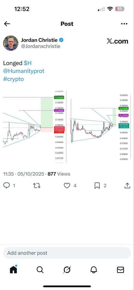 Jordanxchristie's tweet photo. I made 2 public calls I was buying $H one at $0.07 cents before a huge pump and then again at $0.14cents before another huge pump 
Purple dots to highlight when I made the posts 
Retweet or comment if it’s true 
Consider following 👍🏻 https://t.co/NZGdFfjjFc