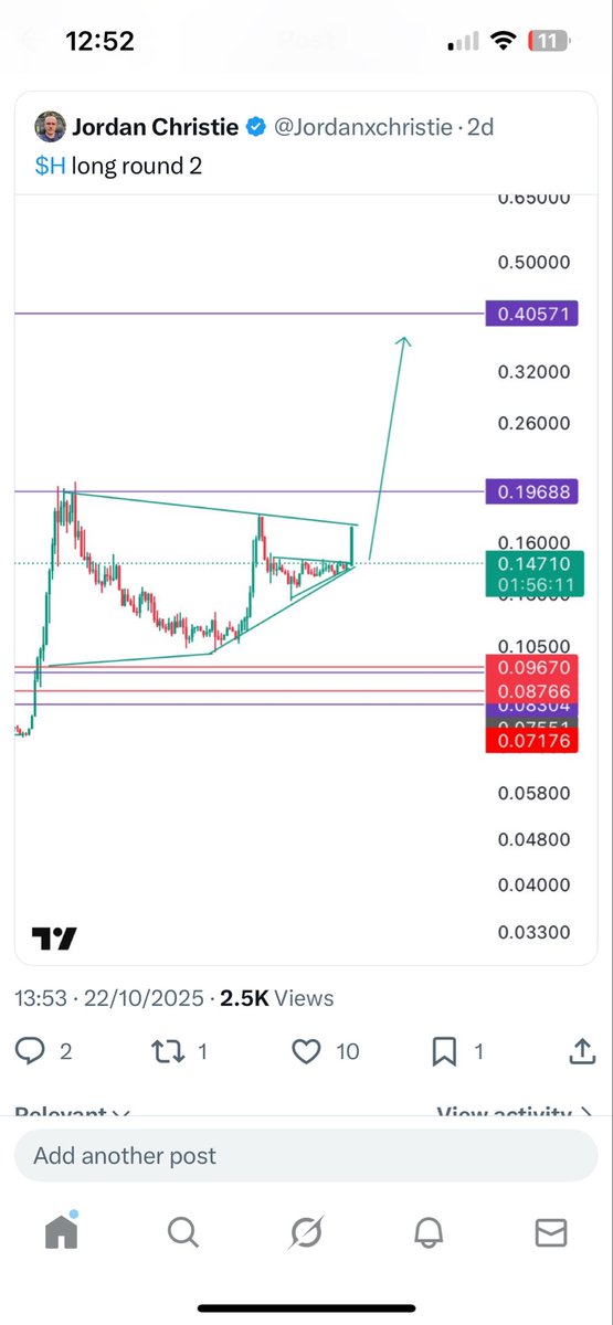 Jordanxchristie's tweet photo. I made 2 public calls I was buying $H one at $0.07 cents before a huge pump and then again at $0.14cents before another huge pump 
Purple dots to highlight when I made the posts 
Retweet or comment if it’s true 
Consider following 👍🏻 https://t.co/NZGdFfjjFc