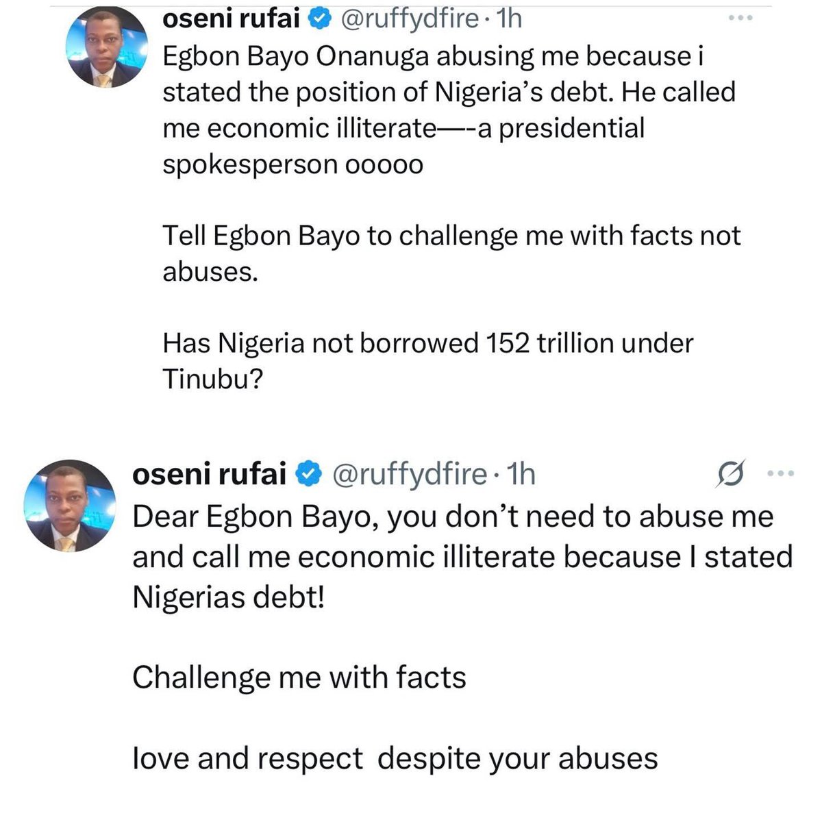 Kolaqhazim's tweet image. Presidential aide Bayo Onanuga blasts journalist Rufai Oseni as an "economic illiterate" for sharing a story blaming President Tinubu for Nigeria's massive debt crisis.

#NigerianPolitics #TinubuDebt