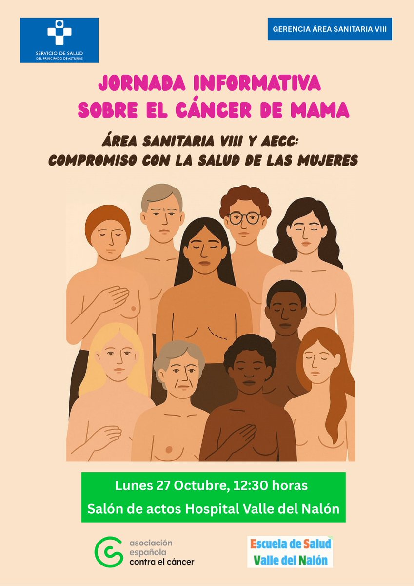ContraCancerAST's tweet image. 💚Jornada Informativa Sobre el #CáncerDeMama.
Área Sanitaria VIII y Contra el Cáncer Asturias: Compromiso con la salud de las mujeres.
👉Lunes 27 de octubre
👉12:30h
👉Hospital Valle del Nalón. Salón de actos.

#ContraElCáncerAsturias #Asturias