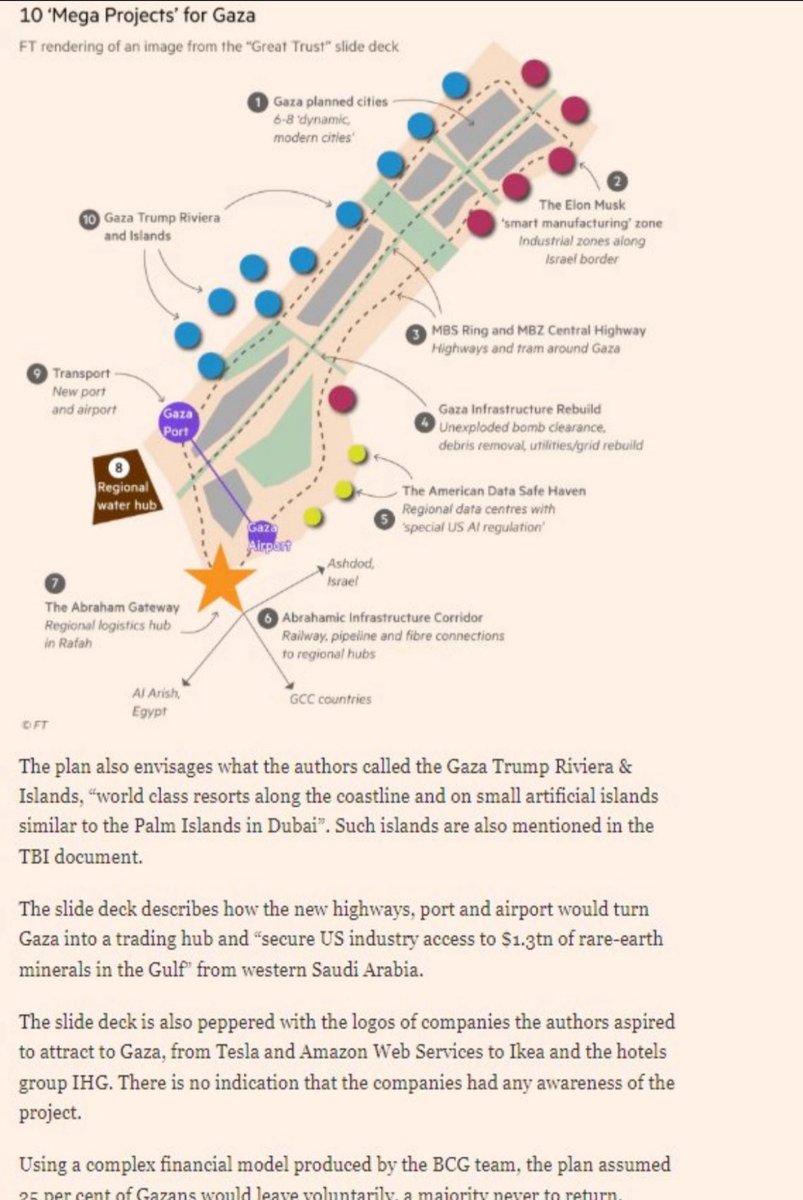 Fartun333's tweet image. They bombed Gaza to rebuild it.
They called it “The Great Trust.”
💰 A Trump Riviera.
⚙️ A  Musk Smart Zone.
🏗️ Highways named after MBS and MBZ.
🛫 A port and airport for billionaires — not for Palestinians.
So while Gaza burned, they were drafting a business plan on the…