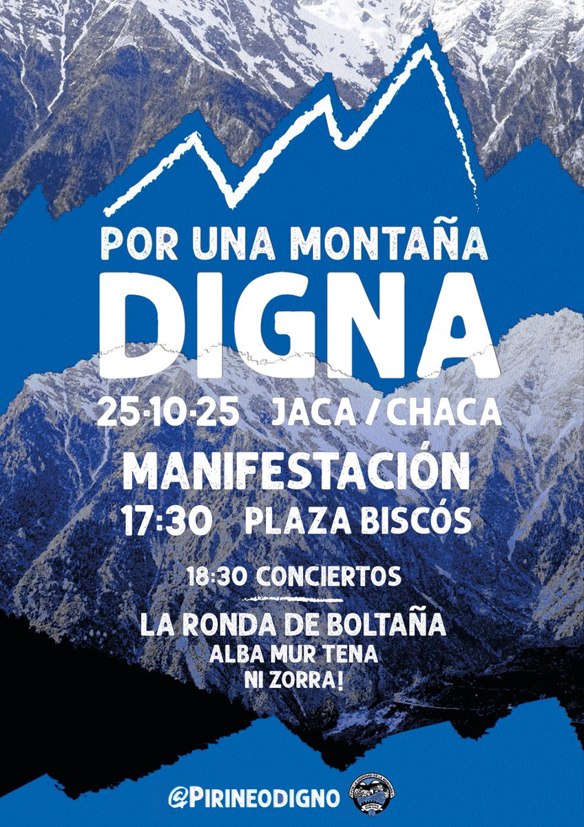 ¡Este sábado 25 d'octubre tot el mundo a la manifestación de Chaca pa defendé un Pirineo digno, pensau pa la suya chen i con futuro! 💪🌄

<a href="/pirineodigno/">Movimiento Por la Dignidad de la Montaña</a>

#porunamontañadigna #pirineodigno #yovoy25O #Pirineo #Jaca #Chaca