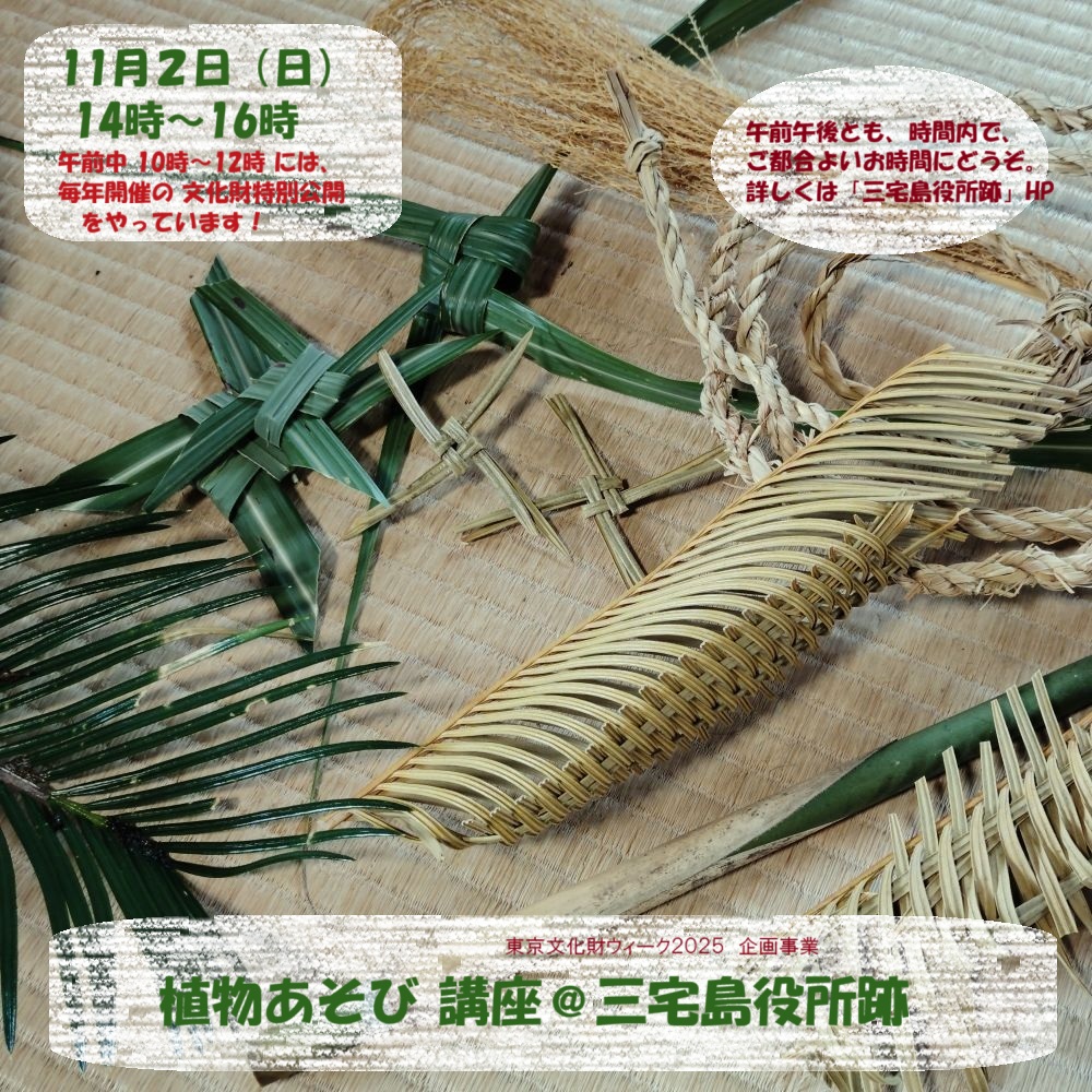 今年も #東京文化財ウィーク #三宅島役所跡 #文化財特別公開 の季節。
#國學院大學博物館 の #深澤太郎 先生 #吉永博彰 先生が来てくださいます。実は先日も調査でご来島…#三宅島 を愛するありがたい先生方。

午後は #植物あそび 講座お楽しみに♪
#茅葺き でのひとときを
instagram.com/p/DQMOCwKEUBh/…