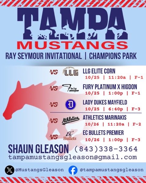 Can’t wait for <a href="/ray_seymour/">Ray Seymour Invitational</a>!!!

<a href="/MustangsGleason/">Tampa Mustangs Gleason 16U</a> <a href="/TampaMustangs/">Tampa Mustangs</a> <a href="/SBRRetweets/">Softball Recruiting Reposts</a> <a href="/SoftballDown/">Down South Softball</a> <a href="/CoastRecruitsSB/">Coast Recruits 🥎</a> <a href="/spatte1108/">Selena Collins-Patterson (Coach C)</a> <a href="/CoachKuhlmeyer/">Chris Kuhlmeyer 🥎🏃‍♂️</a> <a href="/BrookeOHair3/">Brooke Best-O'Hair</a> <a href="/Coach_Hatt/">Ally Hattermann</a> <a href="/CodeeYeske/">Codee Yeske</a> <a href="/GrizzlyCoachKat/">Kat Ihlenburg</a> <a href="/UWGSoftball/">West Georgia Softball</a> <a href="/mrsmobro/">Melissa Brocato</a> <a href="/FlaglerSoftball/">Flagler Softball</a>