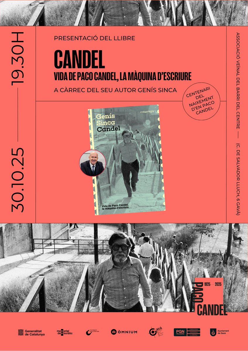 El proper dijous 30 d'Octubre a les 19:30h, a l'associació veïnal del Centre, Omnium Cultural organitza la presentació del llibre "Candel, vida de Paco Candel, la màquina d'escriure", de Genís Sinca.