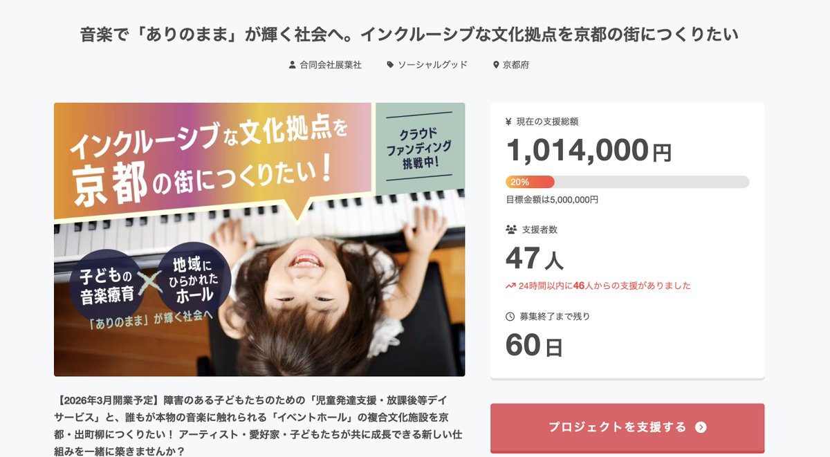 ご支援100万円、20%を突破しました🙌
47名のご支援者の方々、シェアしていただいた皆様、ありがとうございます！！
幸先の良いスタートになりました✨️明日から終了日まで、引き続きがんばります！ どうぞ見守ってください。