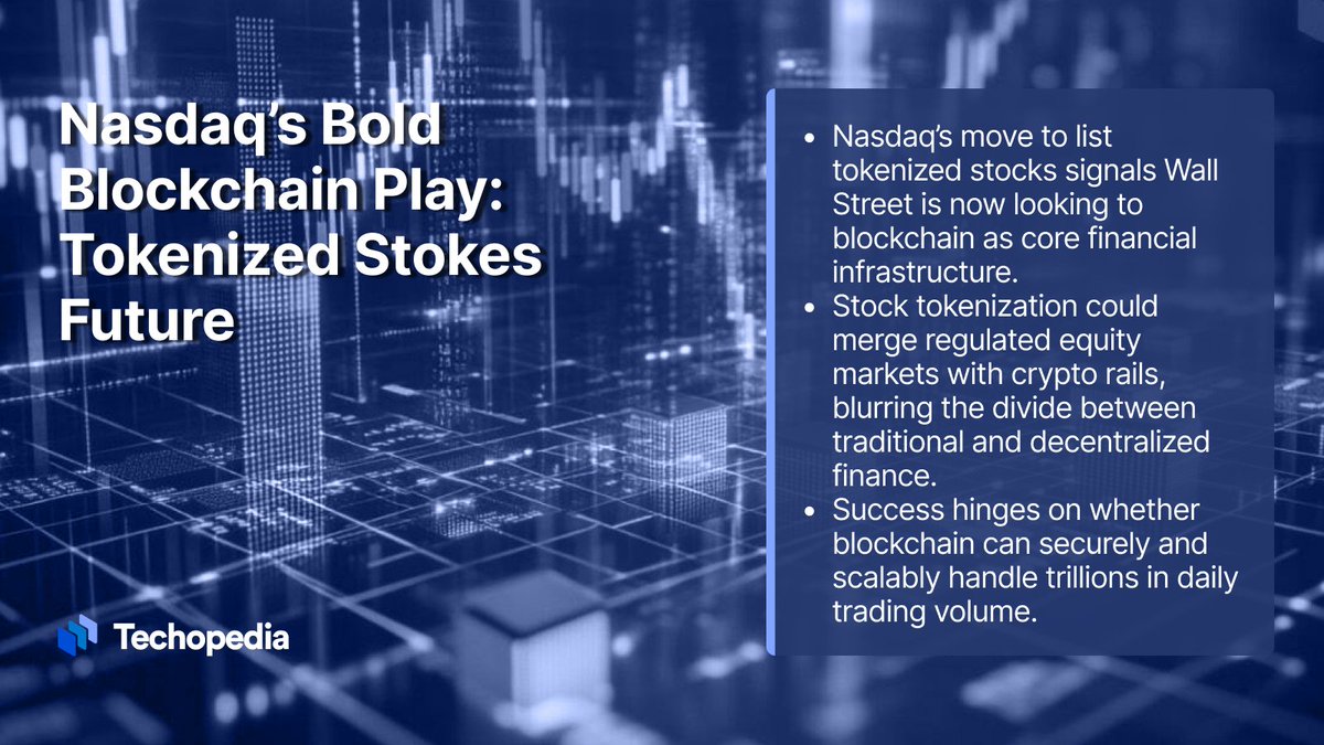 techopedia's tweet image. 🪙 Nasdaq wants SEC nod to list tokenized Apple-to-Zoom shares, blurring Wall Street and DeFi rails. Faster settlement? New risks? See what’s at stake before the 2026 launch ➡️ techopedia.com/nasdaq-tokeniz…