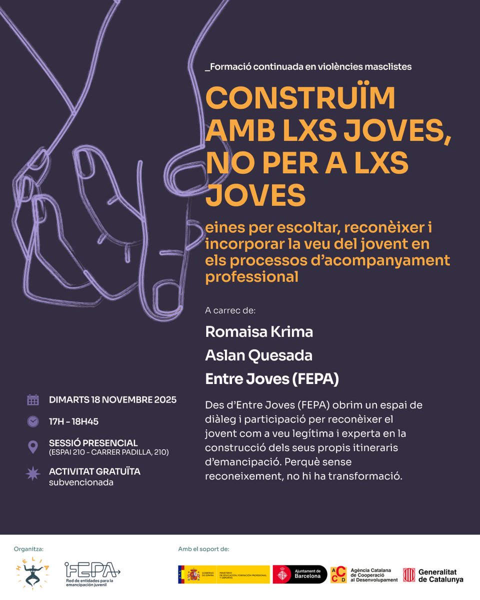Es facilitaran eines per a l’escolta activa, la reflexió i per posar al centre la veu del jovent, reconeixent-la com una veu legítima, experta i imprescindible en la construcció dels seus propis itineraris d’emancipació.  Inscripcions: forms.gle/z5qdyK38uPoZzs…