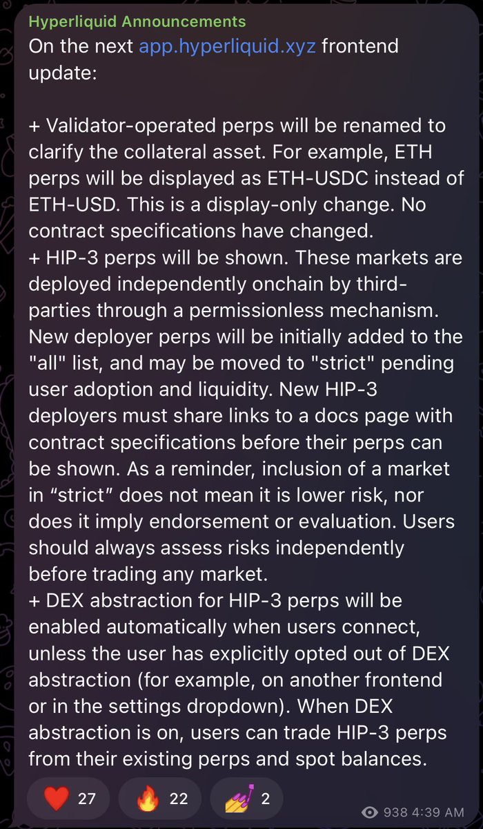 steven.hl (@stevenyuntcap) on Twitter photo The hl.xyz FE will be updated to show HIP-3 perps.
There will be 3 “levels” to HIP-3 perps:
1) New perps - Not visible on HL FE
2) “All” list - Perps with contract & docs info
3) “Strict” list - Perps that meet volume & liquidity standards
Hyperliquid The hl.xyz FE will be updated to show HIP-3 perps.
There will be 3 “levels” to HIP-3 perps:
1) New perps - Not visible on HL FE
2) “All” list - Perps with contract & docs info
3) “Strict” list - Perps that meet volume & liquidity standards
Hyperliquid