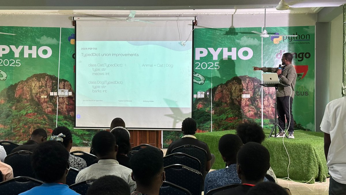 PythonHo's tweet image. @maaddae is currently presenting on the topic "Zen and the Art of Type Hints: Duck Typing Meets Static Checking". Power packed with information and skills a session which shouldn't be missed
#PyHo25 #Python #PyCon #PyGhana
