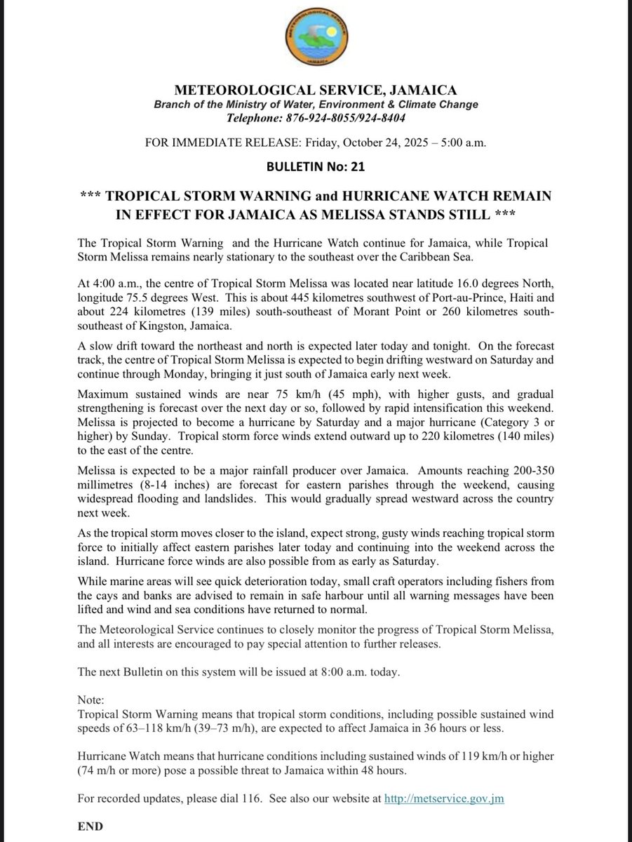 pcharlesjr's tweet photo. ⚠️ Tropical Storm Warning and Hurricane Watch remain in effect for Jamaica as Melissa stands still.
Heavy rainfall, strong winds, and flooding expected, stay alert and stay safe. 🇯🇲
#TropicalStormMelissa #WeatherUpdate #StaySafeJamaica #MetServiceJA https://t.co/4rzv0LOaHO