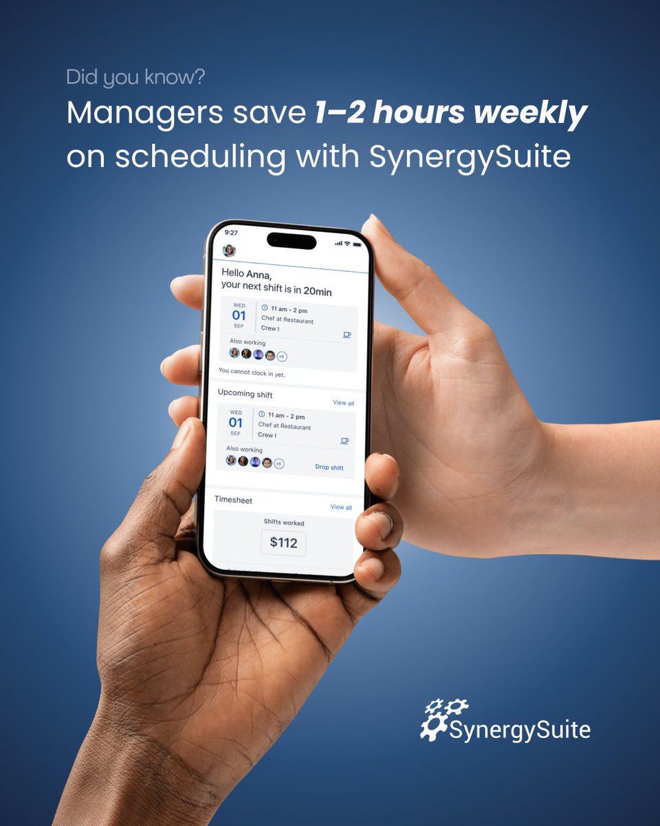 What could your managers do with 2 extra hours a week? 💡
Train, serve, or simply breathe.
That’s smarter scheduling with SynergySuite.
#RestaurantOps #HospitalityTech #Efficiency #SynergySuite