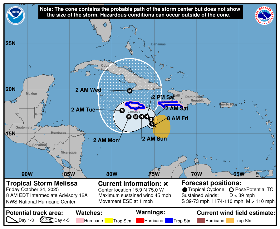 MedioAmbienteSV's tweet photo. 📌#ElObservatorioInforma
Actualización de sistemas y zonas en vigilancia en el océano Pacífico y Atlántico.   

En el Atlántico se mantiene un sistema en vigilancia.    

1. Tormenta Tropical Melissa.    

Ubicación: a 300 km al sureste de Kingston, Jamaica. Dirección: este-sureste a 2 km/h. 
Posible influencia: Su posición mantendría el viento del noreste y el transporte de humedad desde el Caribe hacia Centroamérica. Esta influencia indirecta sobre El Salvador, generará brisas durante algunos momentos del día, y lluvias durante las tardes y las noches de los próximos días.