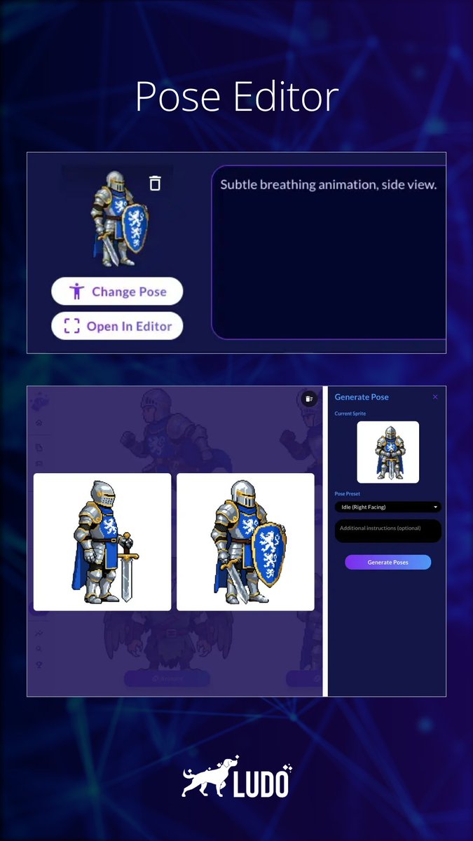 Solo devs know sprite work eats into coding time. Ludo's new Pose Editor makes generating poses for monsters or animals effortless. Animate in seconds with smooth loops, clean transparency, and any style. 

Try it at Ludo.ai. 

#GameDev #IndieDev #2DAnimation