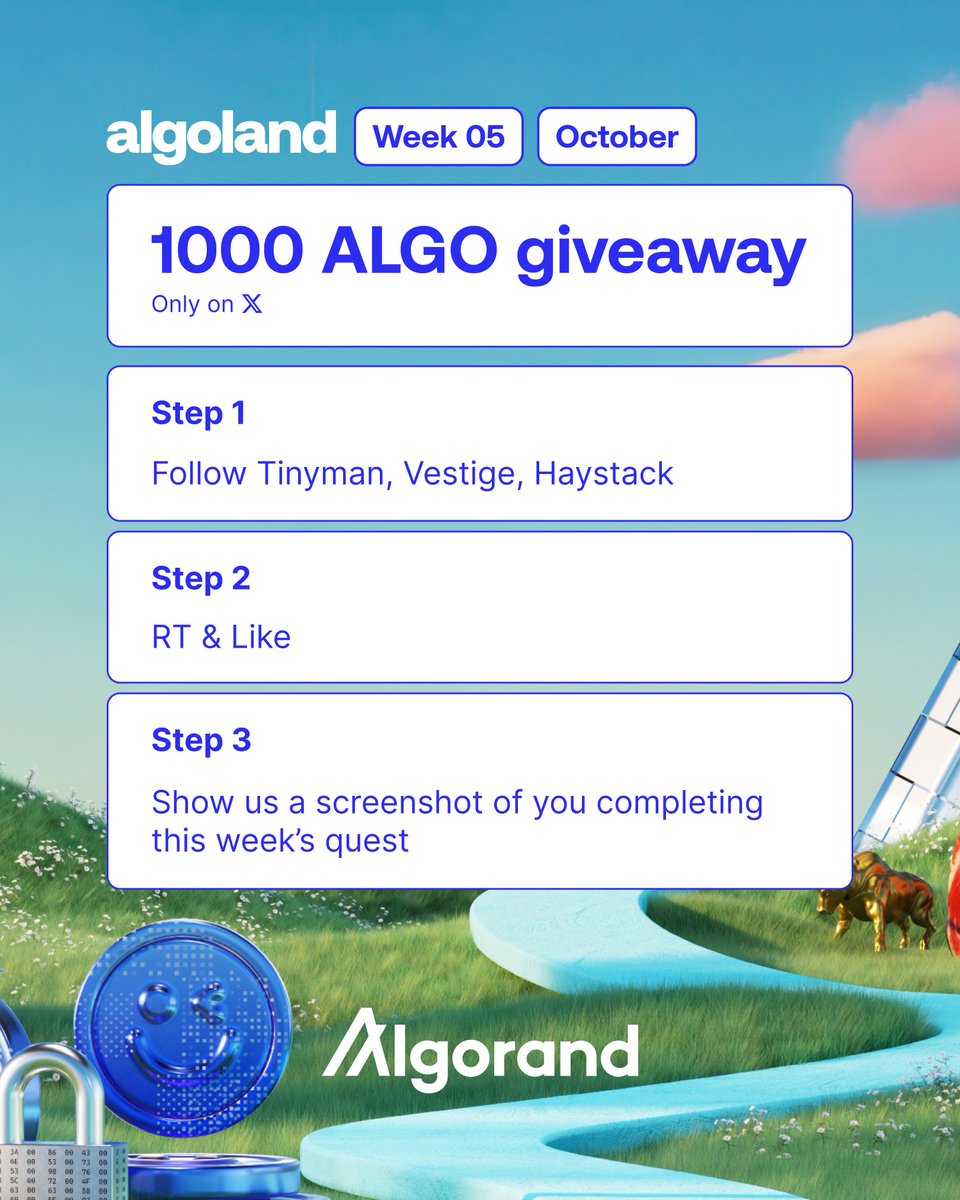 AlgoFoundation's tweet image. We're giving away 1,000 ALGO for Week 5 of Algoland
To win, all you need to do is 👇
1. Follow @tinymanorg, @vestigefi and @haydotapp
2. RT & Like
3. Reply below with proof that you completed this week's quest