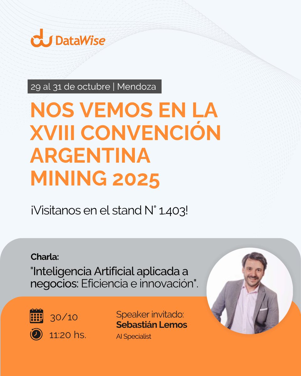 🙌 DataWise en la XVIII Convención Argentina Mining 2025
Nos vemos en Mendoza para conectar con líderes del sector y mostrar cómo nuestras soluciones IT pueden optimizar la operación minera, haciendo los procesos más eficientes y seguros.

¡Te esperamos en nuestro stand N° 1.403!