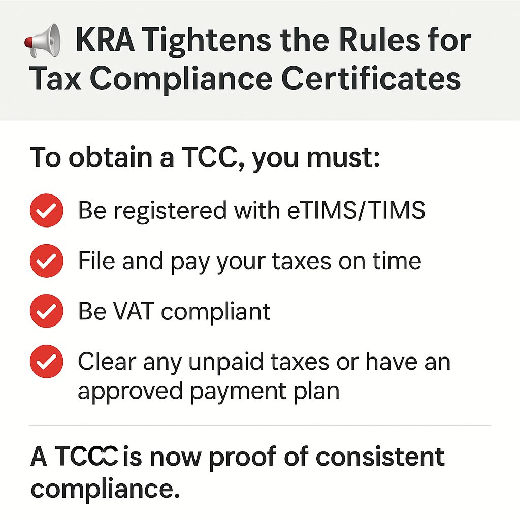 muleim's tweet photo. 📢 KRA Tightens the Rules for Tax Compliance Certificates

The Kenya Revenue Authority (KRA) has rolled out new enhancements to the Tax Compliance Certificate (TCC) process, aimed at boosting fairness, transparency, and accountability. https://t.co/aiIjb9qWSJ