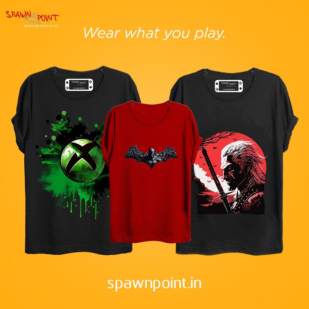 SPGamingApparel's tweet photo. Gaming T-shirt drop: wear what you play—Xbox splash, Dark Knight emblem, and Witcher samurai art. Premium cotton, bold prints. Shop now at https://t.co/yyPuP0IaIS.
#SpawnpointIndia #GamingApparel #WearWhatYouPlay https://t.co/vlHJB0PhbK