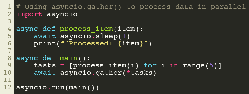 SuperFastPython's tweet image. Using asyncio.gather() to process data in parallel
#Python #Concurrency