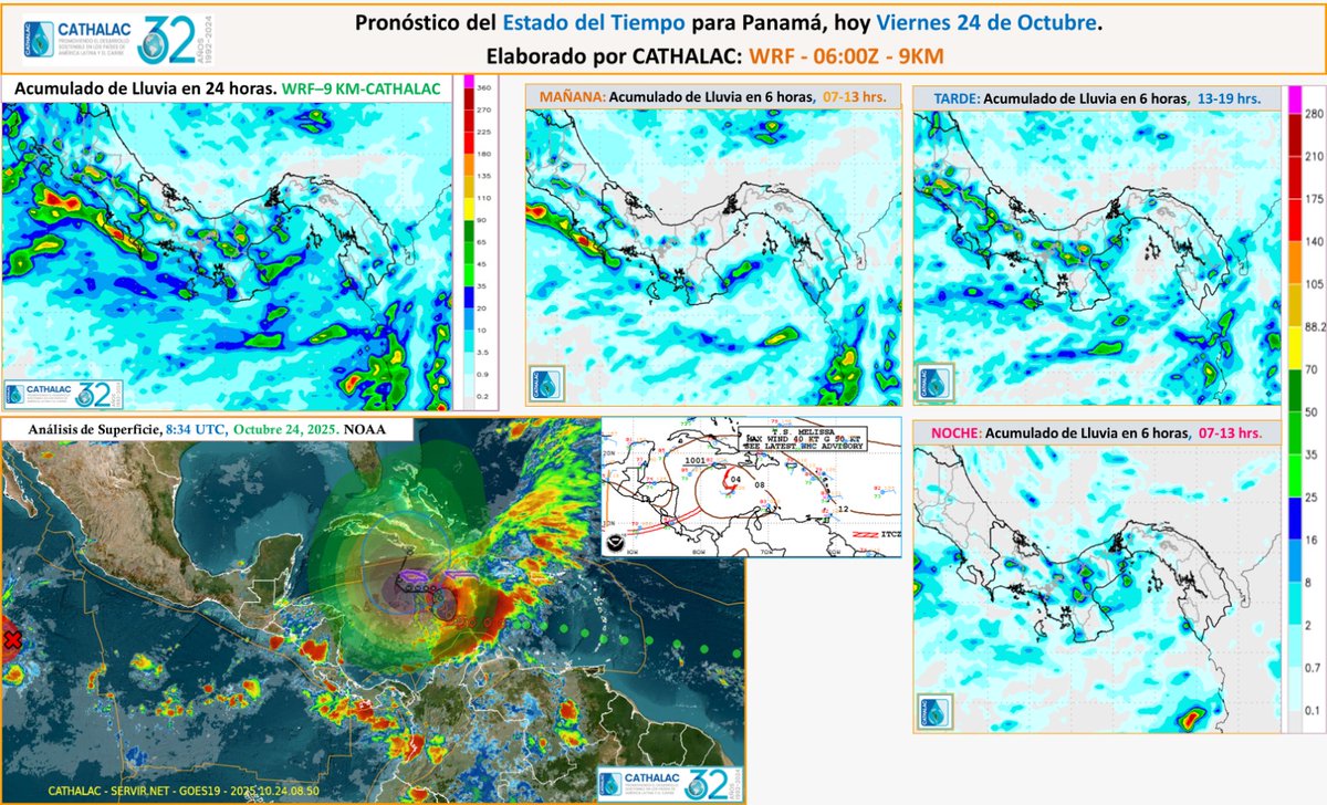 Para hoy viernes 24 de octubre, Panamá estará bajo la influencia indirecta de la tormenta tropical Melissa, que se encuentra sobre el centro del Mar Caribe y evolucionará hacia huracán en las próximas horas. Aunque el centro de Melissa se desplaza lejos del país, sus efectos