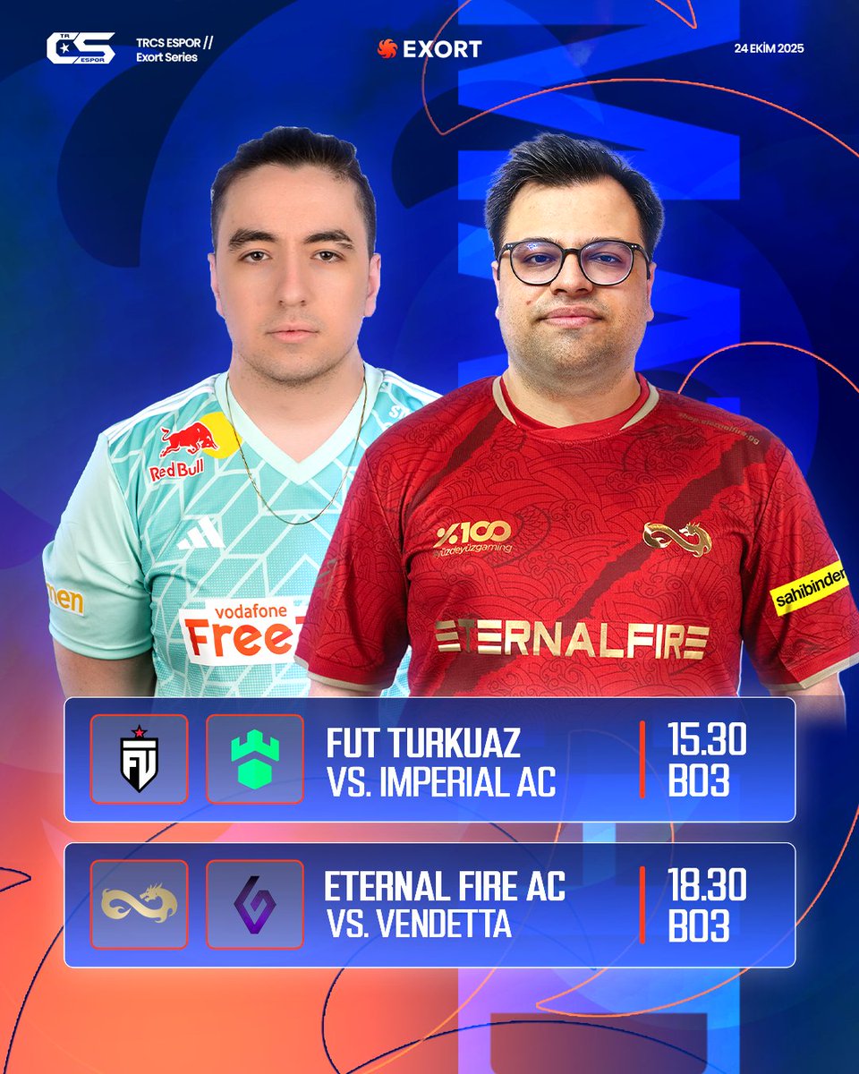 trcsespor's tweet image. 🔥 Temsilcilerimiz FUT Turkuaz ve Eternal Fire AC, Exort Series 18'de 2G-1M maçlarında Playoff'a çıkmak için mücadele edecekler.
🗺️ BO3
🕞 15:30/18:30
📺 kick.com/exort-en2