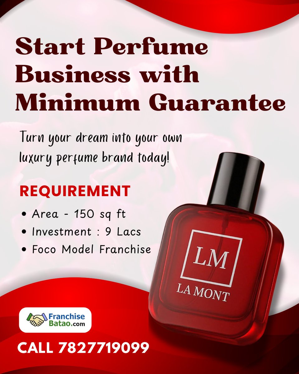 franchisebatao's tweet photo. Smell of success begins here! 
Join LaMont Franchise, India’s own perfume brand with 40–50% profit margins and guaranteed returns.
💼 Investment starts at ₹9 Lakh | 🏬 150–250 sq ft store
Let your city smell luxurious!

#LaMontFranchise #FranchiseBusiness #PerfumeBusiness https://t.co/qLRJYBXCaR
