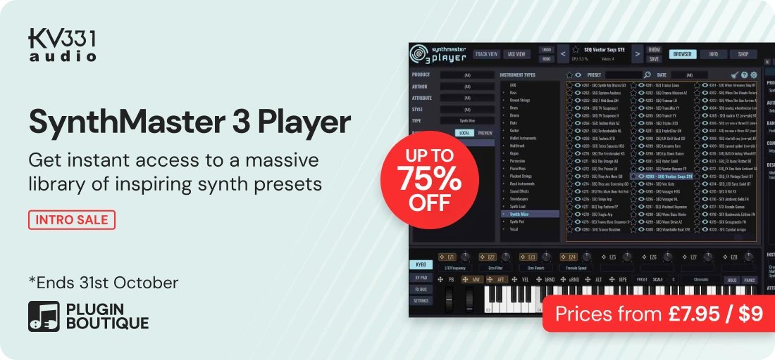 Plugin Deals 🔌 💵 (@plugindeals) on Twitter photo KV331 SynthMaster 3 Player Intro Sale - Up To 75% OFF 👍
pluginboutique.com/deals/21308#a_… (affiliate link) KV331 SynthMaster 3 Player Intro Sale - Up To 75% OFF 👍
pluginboutique.com/deals/21308#a_… (affiliate link)