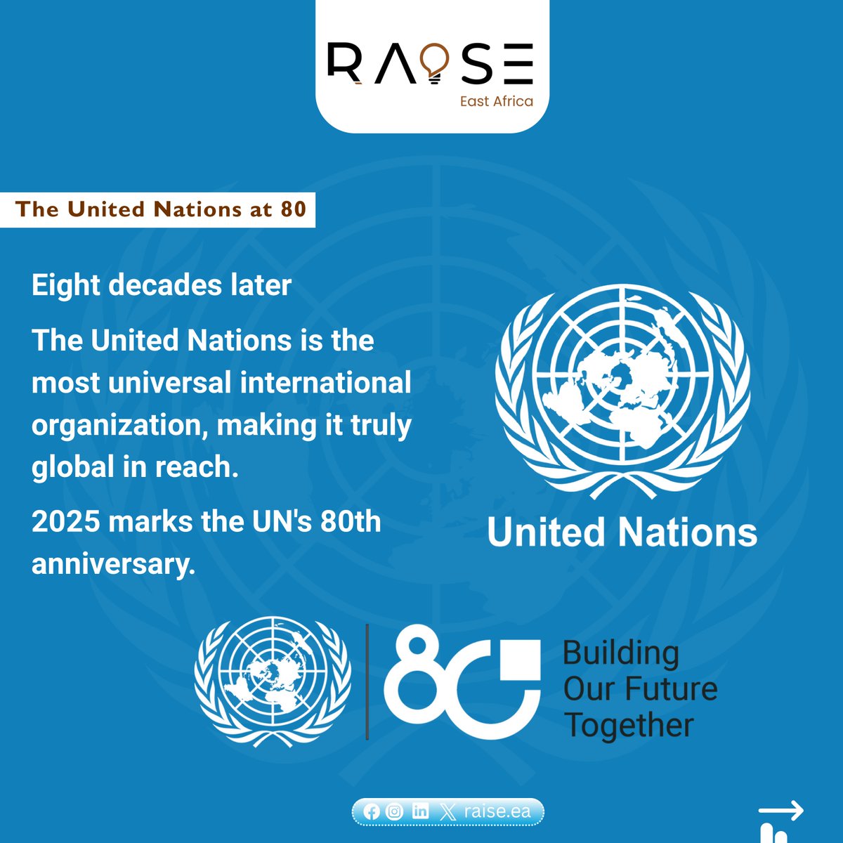 raise_ea's tweet image. RAISE East Africa joins the world in celebrating the 80th anniversary of the United Nations (UN Day 2025), a milestone honoring eight decades of global cooperation in advancing peace, sustainable development, and human rights.

Happy United Nations Day 2025.
@UNYouthAffairs @UN