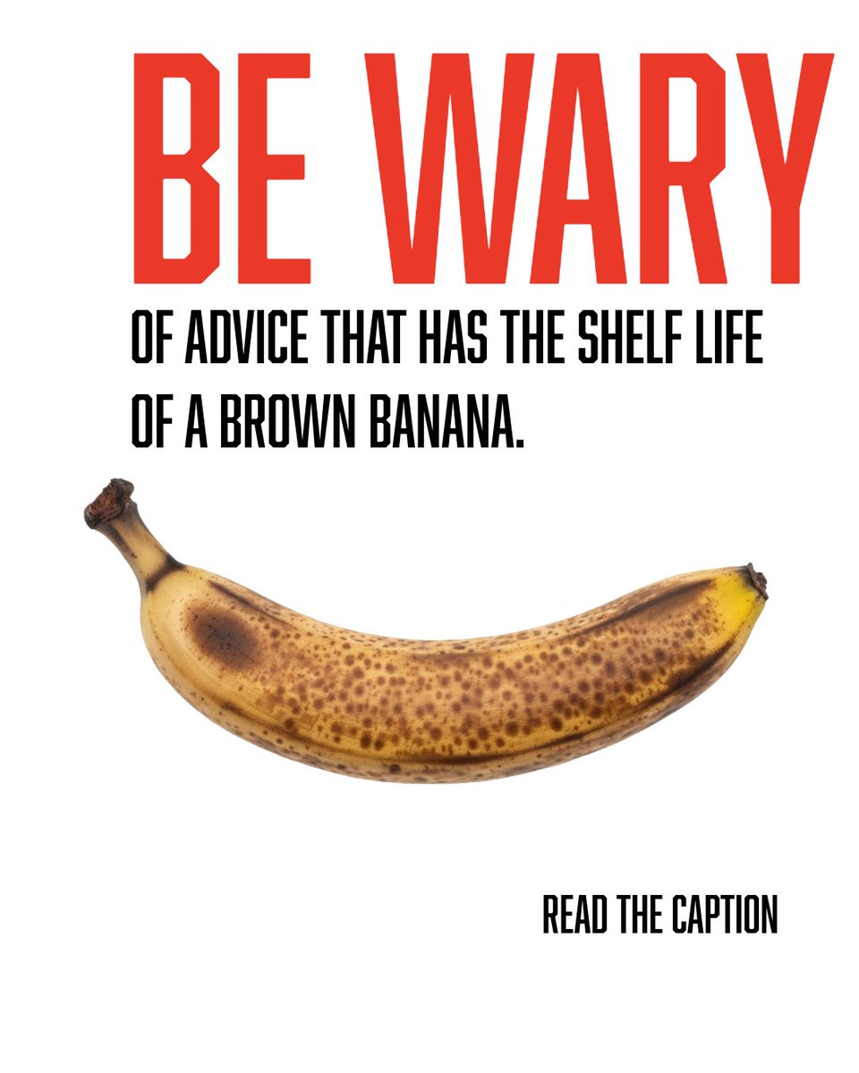 rmiskiman's tweet image. From Jonathan Goodman’s The Obvious Choice (via his email newsletter):

“Be wary of advice that has the shelf life of a brown banana.
Instead, categorize information as either permanent or expiring.” 🍌

Most advice online expires fast.
What lasts are principles — discipline,…