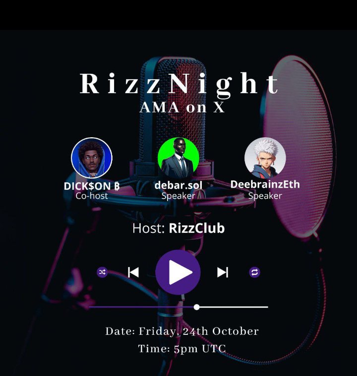 It’s happening today!

RizzNight AMA goes live at 5 PM UTC  and the energy’s about to go crazy. 

🎙️ <a href="/DicksonCrypto01/">DICK$ON ₿</a> x <a href="/debar_fx/">debar.sol</a> x <a href="/Deebrainzzion/">DeebrainzEth</a>

 Real talk. 

Real Rizz. 

Real insight.

Don’t just watch, 

pull up and vibe with the fam.

#RizzClub #RizzNight #AMA .