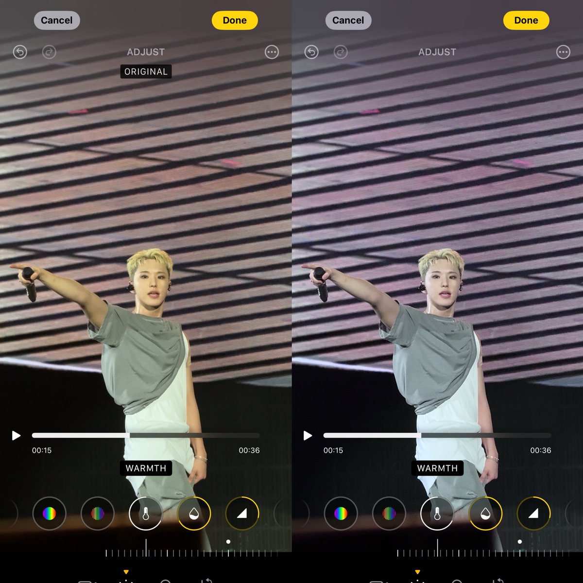 คือพอใช้ไอโฟนถ่ายคลิปไปนานๆ ก็จะเริ่มชินกับศลปที่ย้อมขมิ้น แบบ เหลืองจนชินตา (อาจจะยัง) แต่พอปรับปุ้บ 😭😭😭 นี่สินะสีที่แท้จริงที่ควรจะเป็น โฮชิไม่เปนเสือทาขมิ้นแล้ว ㅠㅠㅠㅠㅠㅠㅠㅠㅠㅠㅠㅠ