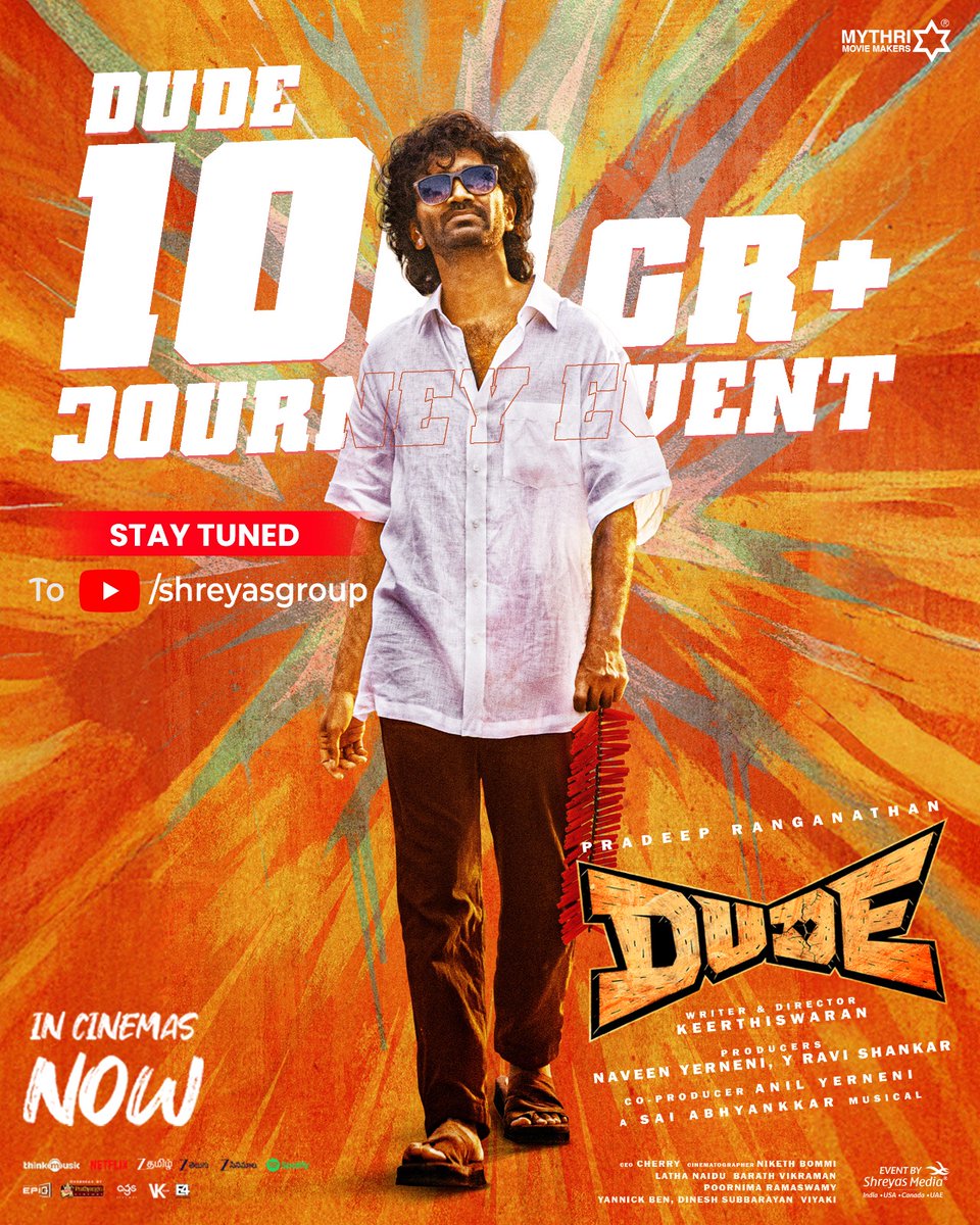 The team of #Dude gathers to mark the 100 Crore Milestone with unstoppable energy, pride and gratitude 🤩

Book Your Passes Here 🎟️shreyas.media/d

▶️ youtube.com/live/oY6ncwqGD…

#PradeepRanganathan #DUDEMovie #DUDEDiwali