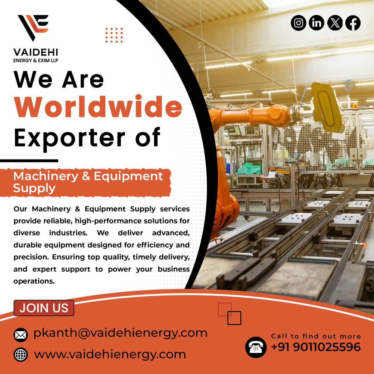 vaidehienergy's tweet image. Empowering Industries with Premium Quality Machinery &amp;amp; Equipment – Exported Globally 🌎
✉️ pkanth@vaidehienergy.com
📞 +91 9011025596
🌐 vaidehienergy.com
#VaidehiEnergy #VaidehiExim #MachineryExport #EquipmentSupplier #IndustrialSolutions #EngineeringExcellence