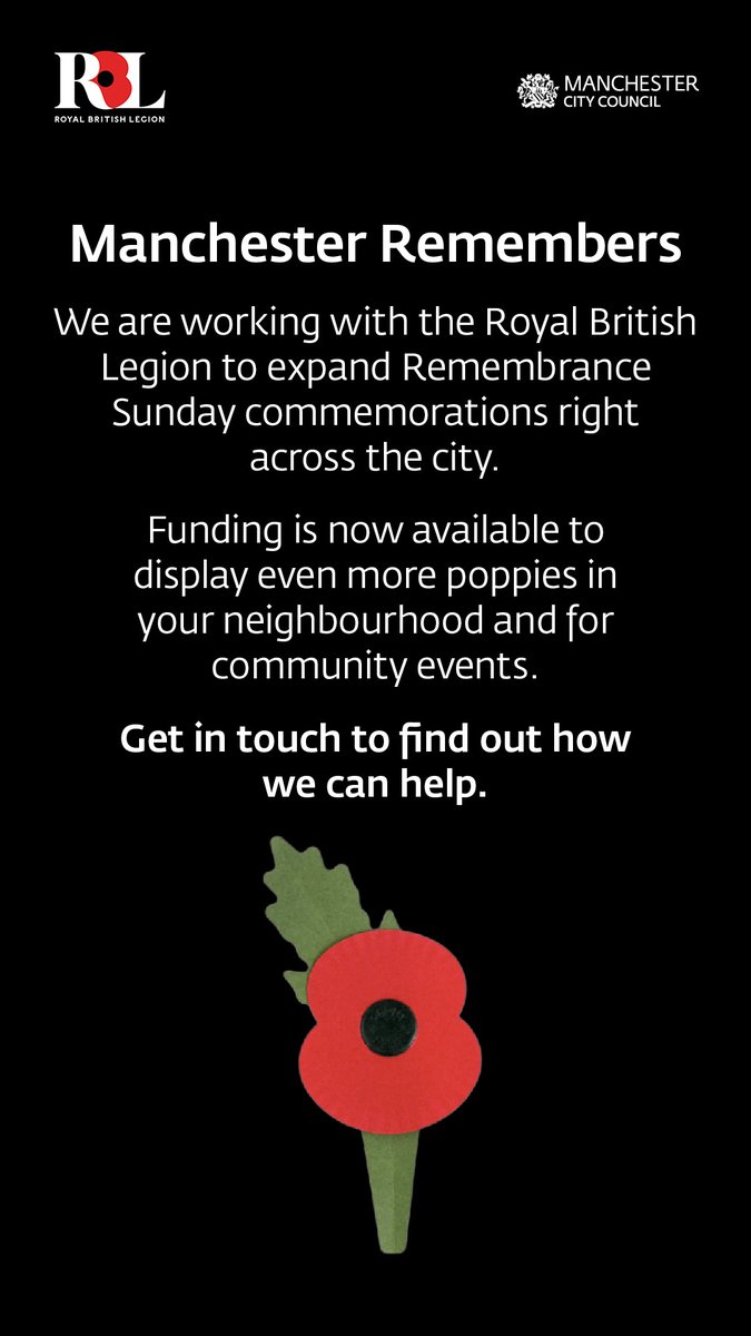 MCCGortonAHey's tweet image. Ahead of this year&apos;s Remembrance Sunday, we are inviting Manchester residents and community groups to apply for funding to help host events

To find out more about this funding, visit orlo.uk/gxb0x 

@ManCityCouncil