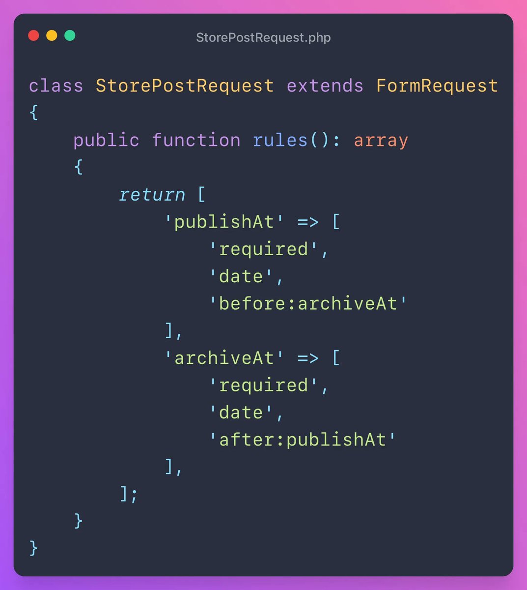 mmartin_joo's tweet image. 💡 You can use the before and after validation rules in Laravel. 
It’s very useful if you’re working with dates that depend on each other: