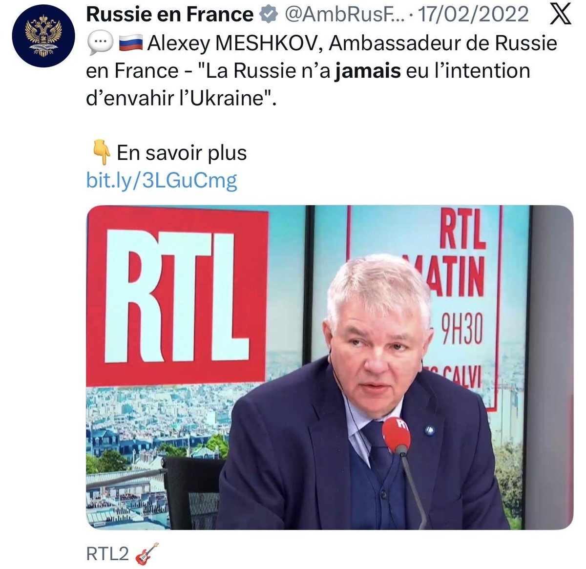 Ouf, l’ambassade de Russie nous dit qu’elle n’a jamais eu l’intention d’attaquer les pays de l’Union Européenne.
Nous voilà rassurés.

➡️ 17 février 2022, une semaine avant l’invasion de l’Ukraine :
« La Russie n’a jamais eu l’intention d’envahir l’Ukraine. »