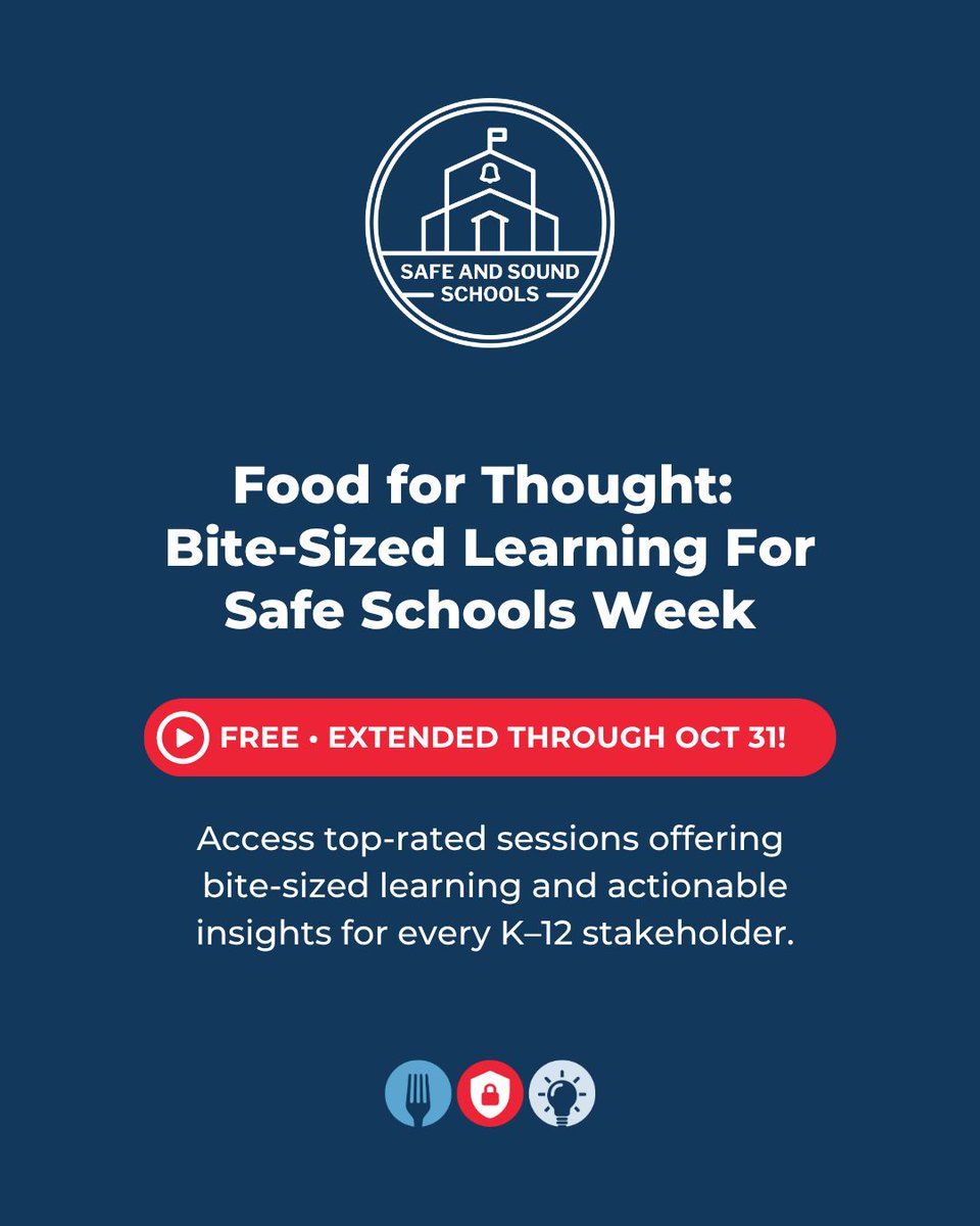 We’ve extended "Food for Thought: Bite-Sized Learning for Safe Schools" through Oct 31! 

Access FREE on-demand sessions on safety planning, bullying prevention, crisis communications &amp; more—learn at your own pace: bit.ly/4nVT7P5