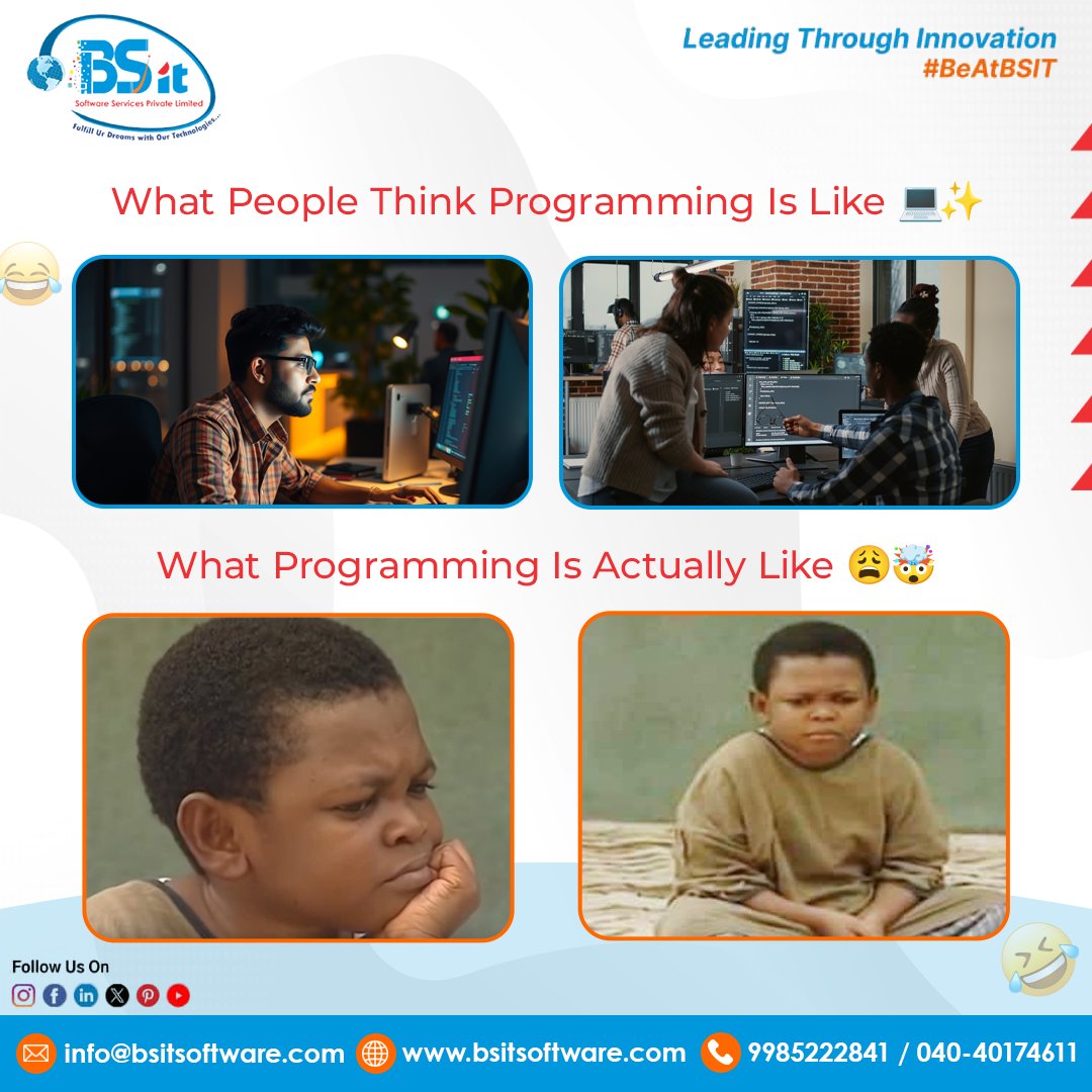 bsitsoftware's tweet image. 💻 What People Think Programming Is Like vs. What It’s Actually Like 😅
Programming isn’t all glowing screens and genius moments — it’s late nights, stubborn bugs, and “why won’t this run?” loops! 💡
At BSIT Software Services, we turn every debug into innovation. 🚀 #TechHumor…