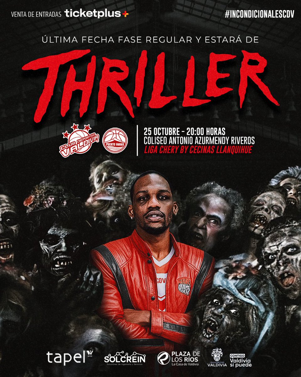 🎃 | ¡VAMOS POR UN LUGAR EN COPA CHILE EN UN JUEGO 𝗗𝗘 𝗠𝗜𝗘𝗗𝗢! 💀🧟🧛‍♂️⚰️

En la antesala de Halloween, recibiremos a Puerto Varas Basket, y queremos que sea a casa llena. La cita es mañana sábado 25 a las 20:00 hrs.
Compra tu entrada en Ticketplus.

ticketplus.cl/events/cd-vald…