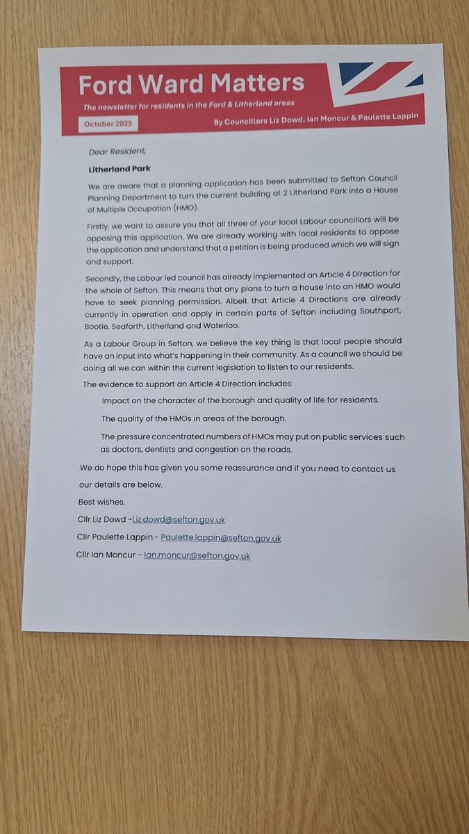 Delivered our letter today to residents stating our opposition to the planning application for the HMO at 2 Litherland Park. Labour on your side. ⁦<a href="/Paulett54122148/">Paulette Lappin</a>⁩ ⁦<a href="/CllrIanMoncur/">Cllr Ian Moncur</a>⁩ ⁦<a href="/Sefton_Labour/">Sefton Labour Group</a>⁩