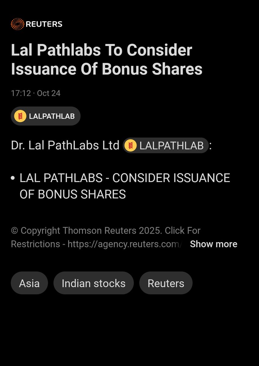 tejas485585's tweet image. 🧪 #LalPathLabs 💥 to consider issuing bonus shares—a potential windfall for investors 🎁📈 as announced on Oct 24, 17:12 IST via Reuters 📰🇮🇳 #BonusBuzz #LALPATHLAB #InvestorAlert
#StockMarketIndia
